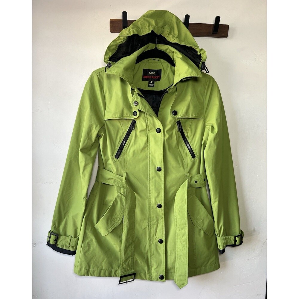 Miss Sixty M60 Green Hooded Belted Zip Snap Pocket Rain Coat Women's S